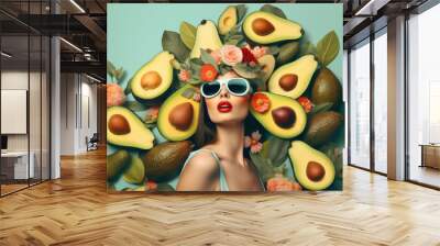 Creative portrait of a beautiful woman in sunglasses with avocado and flowers. Wall mural