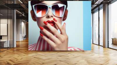 Portrait closeup of a pretty young woman in stylish sunglasses with red lipstick and nails next to a striped background. Fashion and beauty concept. AI Generated Wall mural