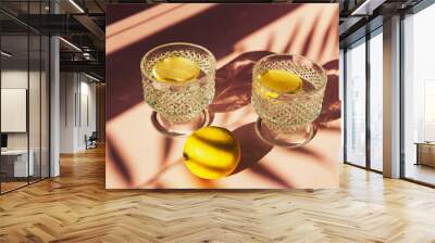 Two glasses of water with sliced lemon on sunlit background with shade. Summer refreshment concept. Minimal style. Wall mural