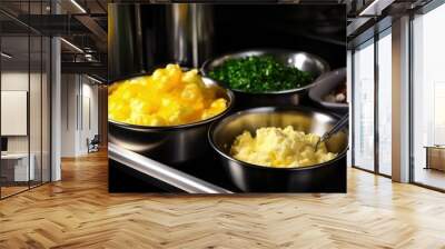 Fresh ingredients including scrambled eggs, chives, and cheese in stainless steel bowls. Wall mural