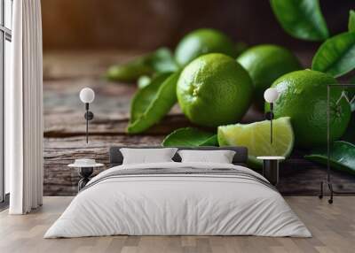 Fresh lime with leaves on wooden kitchen background Wall mural