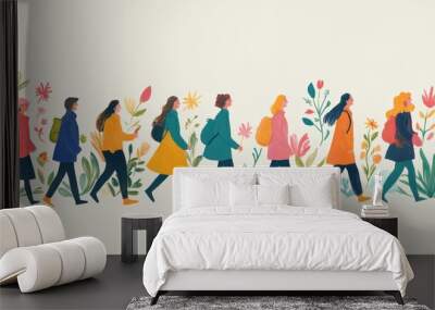 Group of diverse young adults walking amidst vibrant plants and flowers, wearing colorful clothes. Wall mural