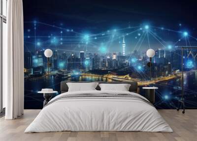 Modern city with wireless network connection and city scape concept. Wireless network and Connection technology concept with city background at night - generative ai Wall mural