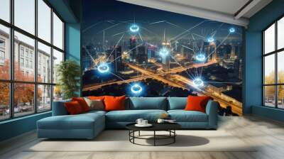 Modern city with wireless network connection and city scape concept. Wireless network and Connection technology concept with city background at night - generative ai Wall mural