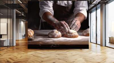 Pastry chef man hands work preparing sweet brioches on table with flour  Wall mural