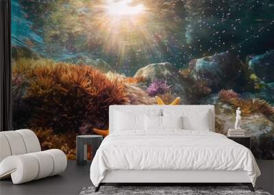 starfish on the rocks in the water of a vibrant thriving coral reef  Wall mural