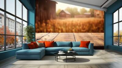 The empty wooden brown table top with blur background of farm and barn Wall mural