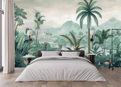 wallpaper jungle and leaves tropical forest, old drawing vintage Wall mural