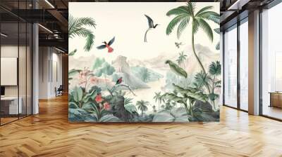 wallpaper jungle and leaves tropical forest birds old drawing vintage  Wall mural