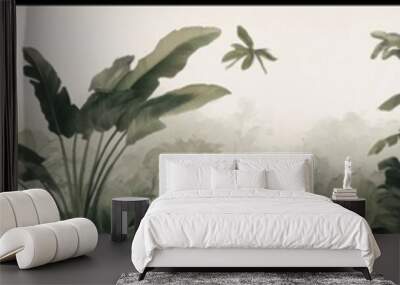 wallpaper jungle and leaves tropical forest birds old drawing vintage Wall mural