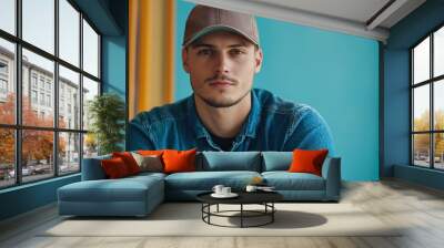 Young man wearing a cap and denim shirt in a bright, modern setting. Wall mural