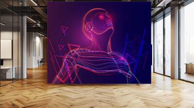 Artificial intelligence or robot with human face. Deep machine learning with neural network in abstract virtual world. Vector illustration Wall mural