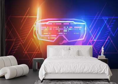 Inside the metaverse. Silhouette of a human face in augmented or virtual reality headset. Abstract digital world with neon lines. Vector illustration Wall mural