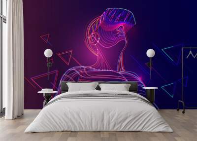 Man wearing virtual reality headset. Abstract vr world with neon lines. Vector illustration Wall mural