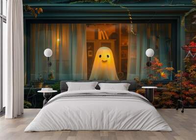 Autumn charm: A playful ghost silhouette adorning a contemporary house window Wall mural