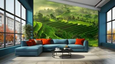 Misty morning over lush green terraced rice fields with gentle hills and soft sunlight, showcasing the beauty of agricultural landscapes. Wall mural