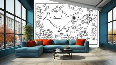 Sharks, fish and crabs under the water. Many plants grow on the bottom. Black and white vector illustration for coloring book. Wall mural