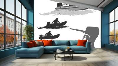 head coach of the club fishermen rides on a rubber boat with a motor.
set of silhouettes. totally vector illustration
 Wall mural