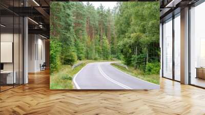 An asphalt road going through a forest in Masuria Wall mural