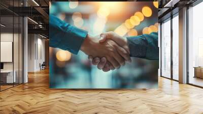 Businessman handshake for teamwork of business merger and acquisition,successful negotiate,hand shake,two businessman shake hand with partner to celebration partnership and business deal concept Wall mural