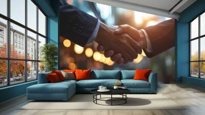 Businessman handshake for teamwork of business merger and acquisition,successful negotiate,hand shake,two businessman shake hand with partner to celebration partnership and business deal concept Wall mural