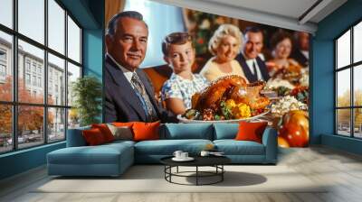 Family enjoying Thanksgiving dinner in 1960s, with turkey and sides Wall mural