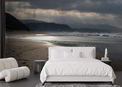 Breathtaking view of the foamy waves washing the sand beach at dawn Wall mural