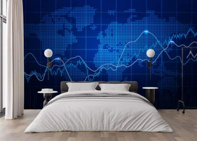 Candlestick chart, line graph and bar chart. World stock market index graph Wall mural