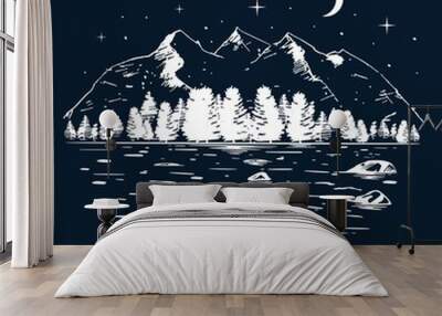 Vector illustration of mountain and lake landscape at night Wall mural