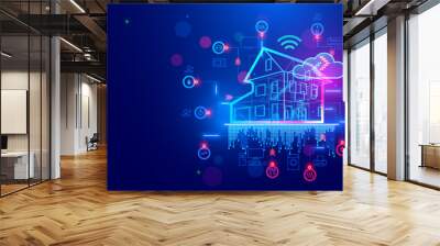 3d blueprint plan of smart home with icons IOT devices. Smart home conceptual banner. Building House system internet of things. IOT in Smart Home technology. System remote controls domestic devices. Wall mural