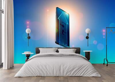 5g digital network symbol on screen modern smartphone on background clear heavens and luminous signal lte of iot devices. The arrow showing hi-speed of internet connection. LTE wireless technology Wall mural