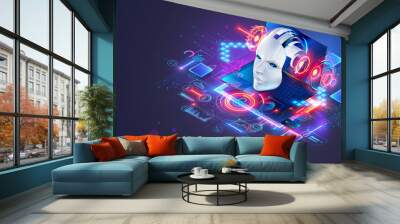 AI chat bot on laptop. Computer cyber security technology. Internet online chat bot face looks out of screen laptop. Artificial intelligence robot head. AI protects pc from hacker attacks and viruses. Wall mural