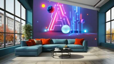 AI logo or icon. Abstract technology conceptual poster with AI neon letters. AI text consist at pcb, neon electronic signals in cyberspace. Artificial intelligence vertical tech background or banner. Wall mural