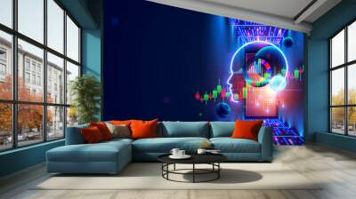 AI of analysis data stock exchange market. Abstract AI face hanging in cyberspace in data centers, stock exchange market graphs. Artificial intelligence trading assistant chat bot concept. AI fintech. Wall mural