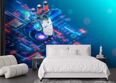 AI. Artificial intelligence technology isometric concept. Cybernetic brain communication with network and analyze data. Machine learning of AI. Robot or cyborg head images mind artificial intelligence Wall mural