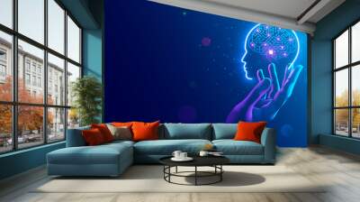 AI. Electronic brain. Neon Silhouette of human head with artificial intelligence hanging over palm hand. Cybernetic artificial neural network. Electronic mind. Neuronet, deep machine learning concept. Wall mural