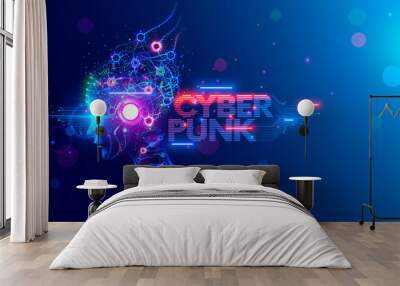 AI. Woman Cyborg head with artificial neural networks brain. Neon cyberpunk word in style 80th. Female robot face with computer artificial intelligence. Electronic Technology banner in 80th cyberpunk Wall mural