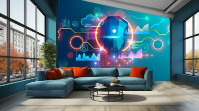 Artificial Intelligence banner. Cyber Head with ai technology doodle. Robotic computer Intellect brainstorming creativity ideas for business. Wall mural