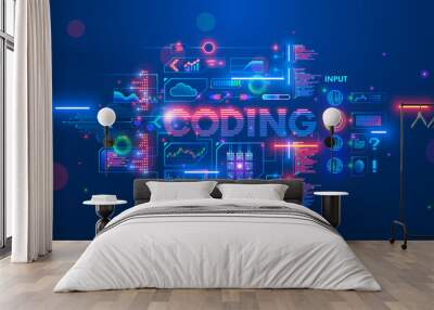 Banner about Programming or coding course neural network and artificial intelligence or AI online on computer languages. Software develop technology learning. Creation code process on distance lesson. Wall mural