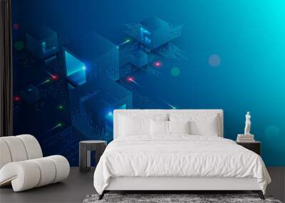 Blockchain concept banner. Isometric digital blocks connection with each other and shapes crypto chain. Blocks or cubes, connection consists digits. Abstract technology background. Vector illustration Wall mural