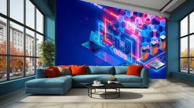 Blockchain technology isometric concept. Computer farm mining cryptocurrency, digital money. Server racks in data center mine crypto currency, process big data consisting of chain of digital blocks. Wall mural