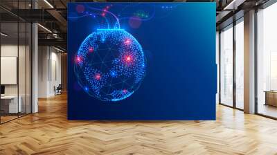 Christmas ball on close up tree in electronic, communication technology style. Global internet, network concept illustration. Tech digital template of greeting card happy new year, merry christmas. Wall mural