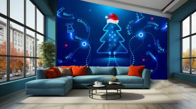 Christmas card in the style of new technologies, engineering, electronics. Christmas tree in red Santa Claus hat and surrounded by Christmas and new year symbols. Christmas sales and marketing Wall mural