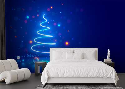 Christmas tree on Christmas poster in electronic technology style. New year, merry christmas congratulations card in computer tech design. Template Christmas cards in style of digital technology. Wall mural