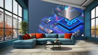 CPU. Abstract digital chip computer processor and electronic components on motherboard or circuit board. Technology develop electronic devices on microchip or microprocessor, hardware engineering. AI. Wall mural