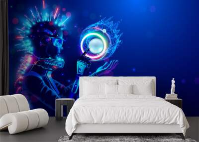 Cyborg woman in cyberpunk style. Cyber girl in futuristic suit with sci-fi tech punk hairstyle. Character girl cyborg looks like robot with electronic implants, 3d VR glasses in cyberspace. Cosplay. Wall mural