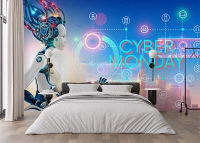 Cyborg woman show hologram with text cyber monday and icons online internet store. Robot advertising event sale promotion banner of e-commerce. Wall mural