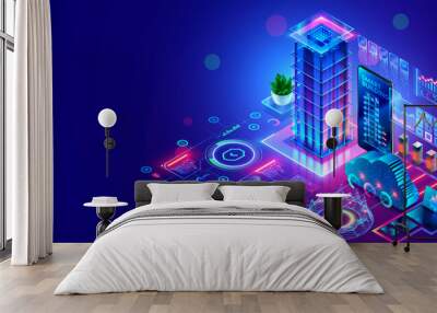 Development architecture computer systems of smart building. Design modern building construction with ai controls. Project smart house construction with artificial intelligence and IOT systems. Wall mural