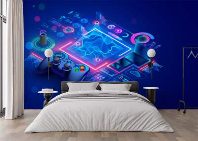 Game dev isometric concept. Education of creation 3d design of location or level computer game. Scripting, programming AI of digital games. Isometric illustration of abstract gamepad or joystick. Wall mural