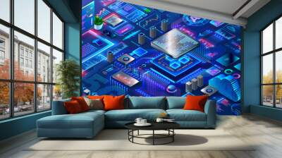 Hardware and software computer technology background. Isometric elements of development, engineering electronics systems and devices. Design, programming or coding of microcontrollers or chips. Wall mural